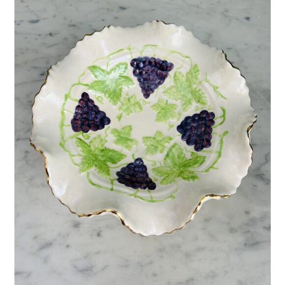 Majolica Ceramic Hand Painted Candy Dish Bowl Grape Design Gold Trim Signed JLM - Picture 2 of 16